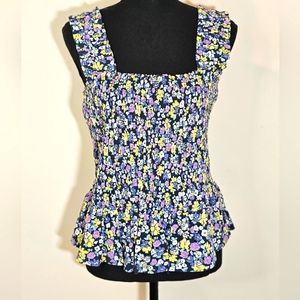 LC Lauren Conrad Square Navy Blue w/ Flowers Tank Top Size Large